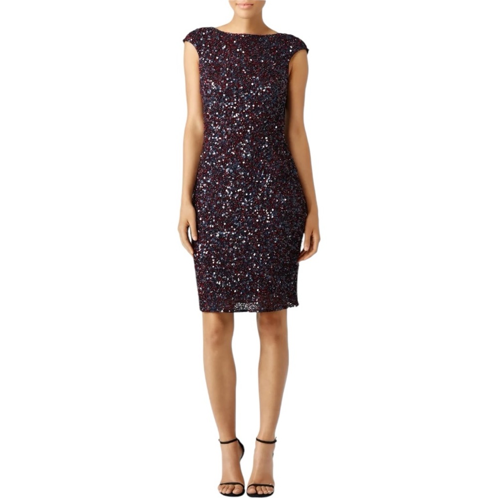 Theia Mixed Berry Sequin Shift Dress Open Cowl Back size 6 Cocktail Scoop Neck